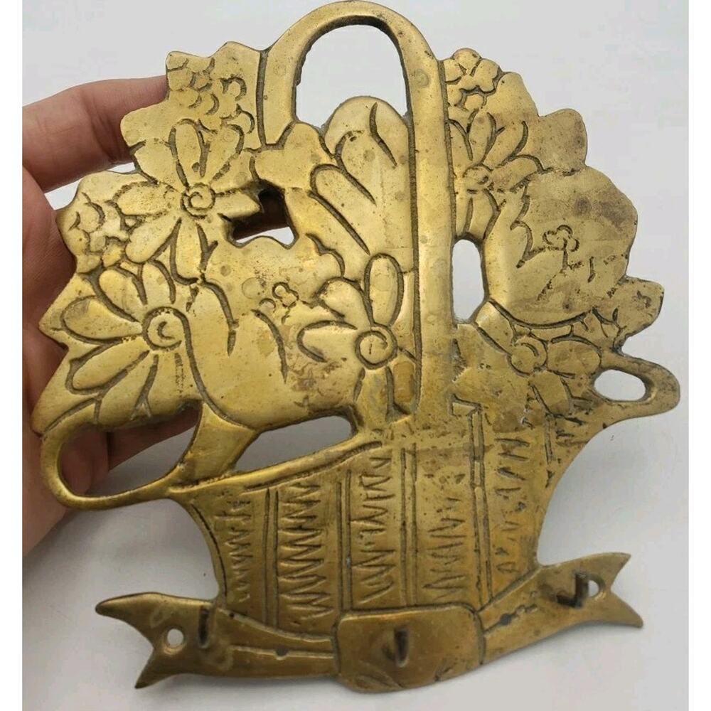 Vintage Solid Brass Trivet - Etched, Flower Basket Design Hooks Cottagecore
